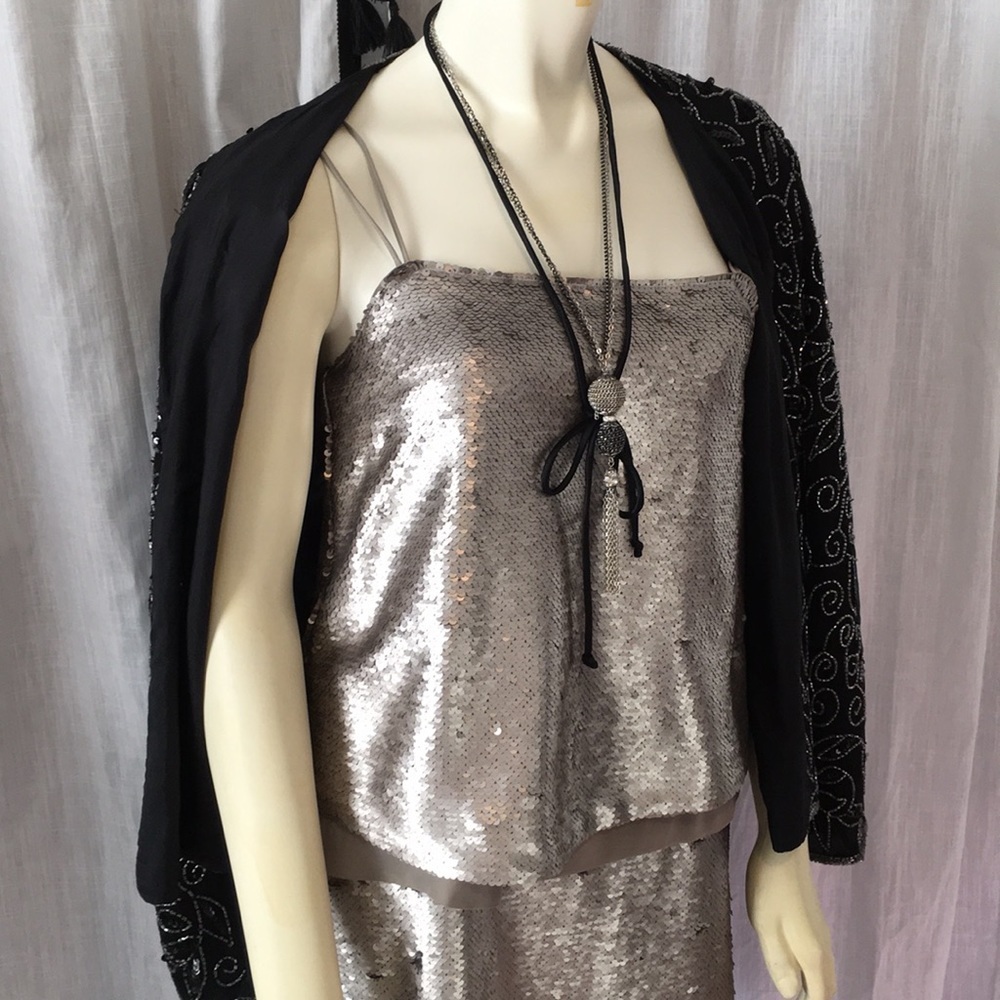 NWT pewter sequined silk trimmed cocktail dress - Picture 2 of 5